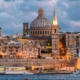 Panoramic view of Valletta, Malta’s historic capital, seen from across the harbor.